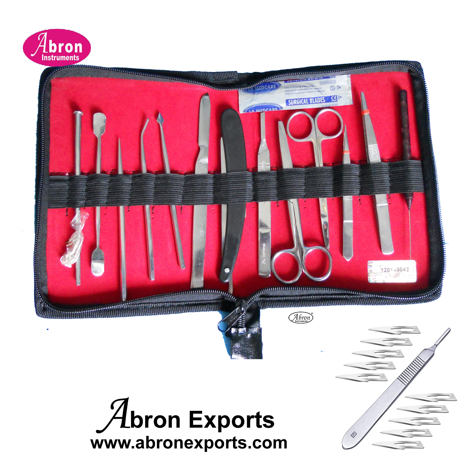 Dissection set dissecting instruments zip pouch 22inst anatomy biology medical veterinary scalpel razer forceps scissors Abron ABM-2557A22